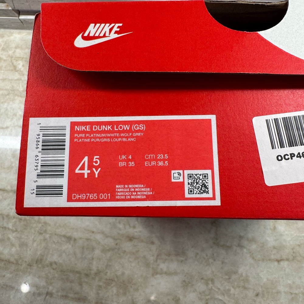 Nike Dunk Low (GS) Pure Platinum/White-Wolf Grey Size 4.5Y/6W